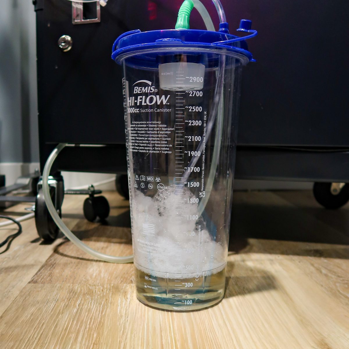 The gas canister bubbling as the oxygen and ozone mixture is prepared