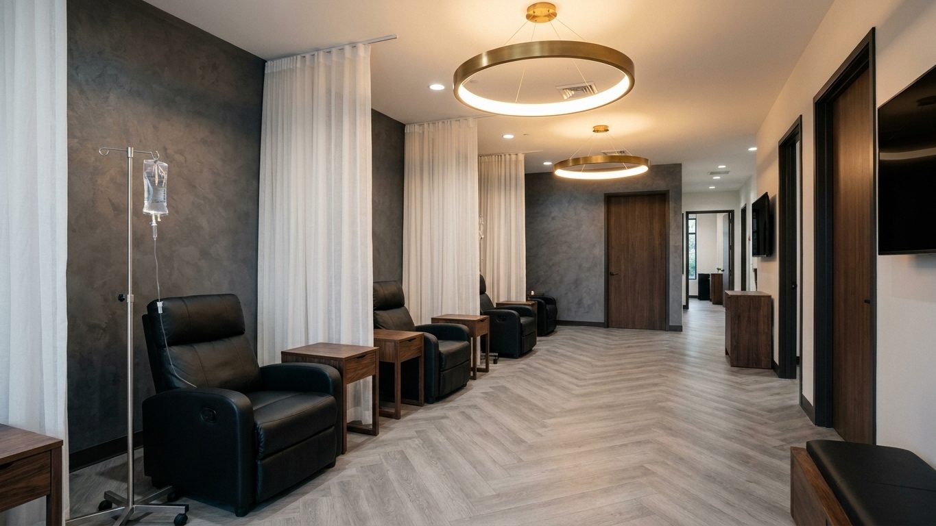 The empty Biohackr Health IV lounge: leather recliners, sheer curtains, brass ring lights