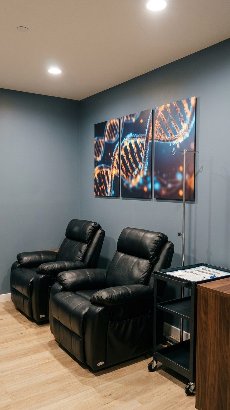 Two leather recliners beneath glowing DNA art panels in the treatment lounge
