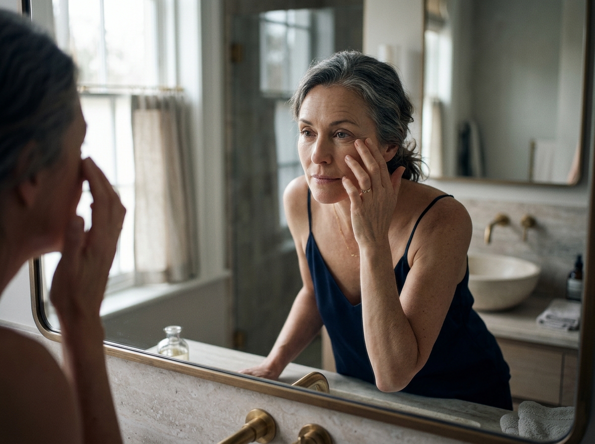 A woman at a bathroom mirror touching the fine lines by her eye