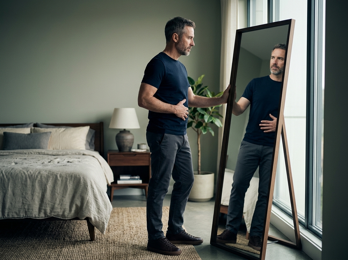 A man standing at a mirror with a hand resting on his midsection
