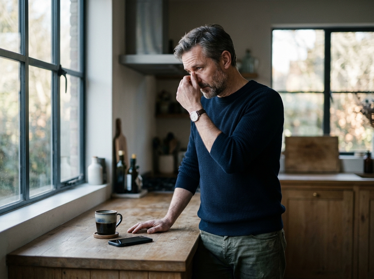 A man pausing at his kitchen counter, pinching the bridge of his nose
