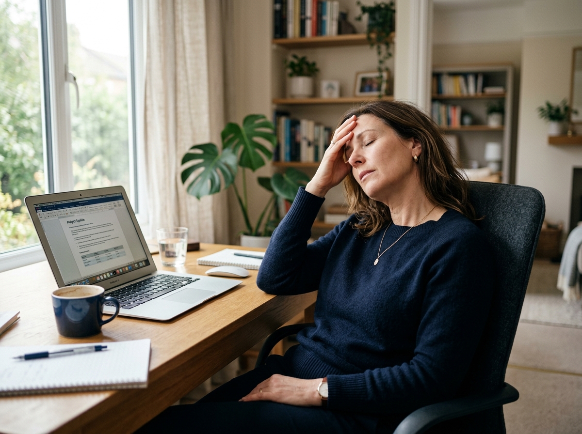 A woman slumped at her desk in the afternoon, hand on her forehead